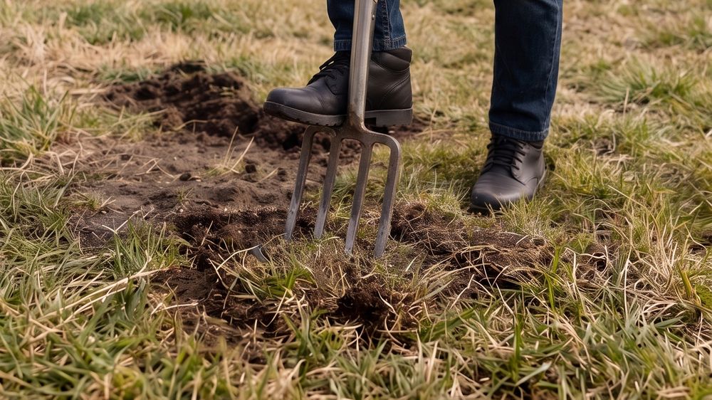 A four-tined garden digging fork driven into turf beside a boot, opening the compacted ground.