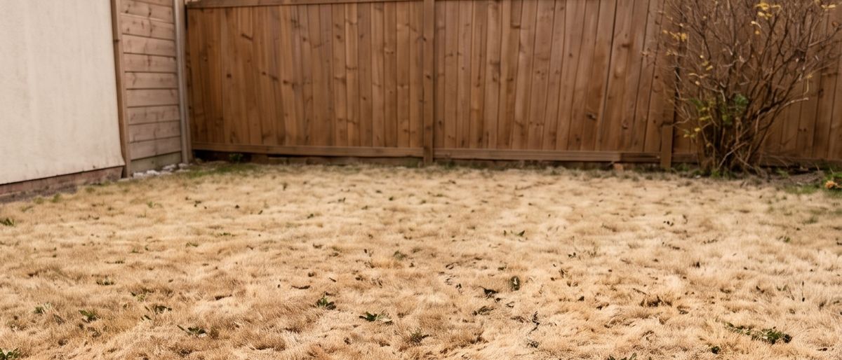 A UK back garden after drought: the lawn is straw-coloured with cracked bare soil showing through, against a closeboard fence.