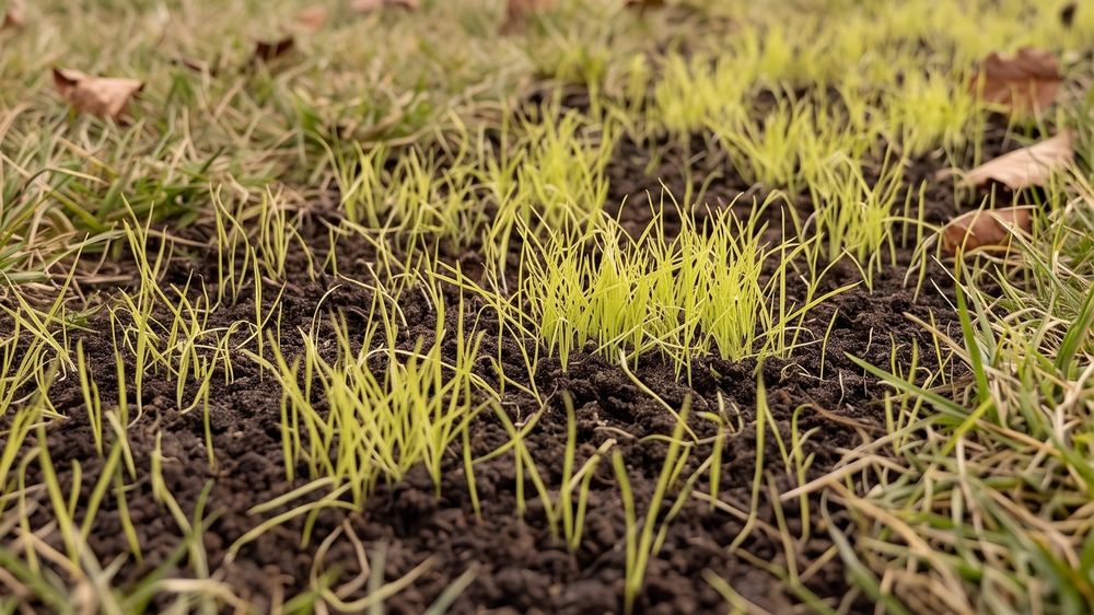 Fine bright-green grass seedlings coming up through dark soil in a patch of established lawn.